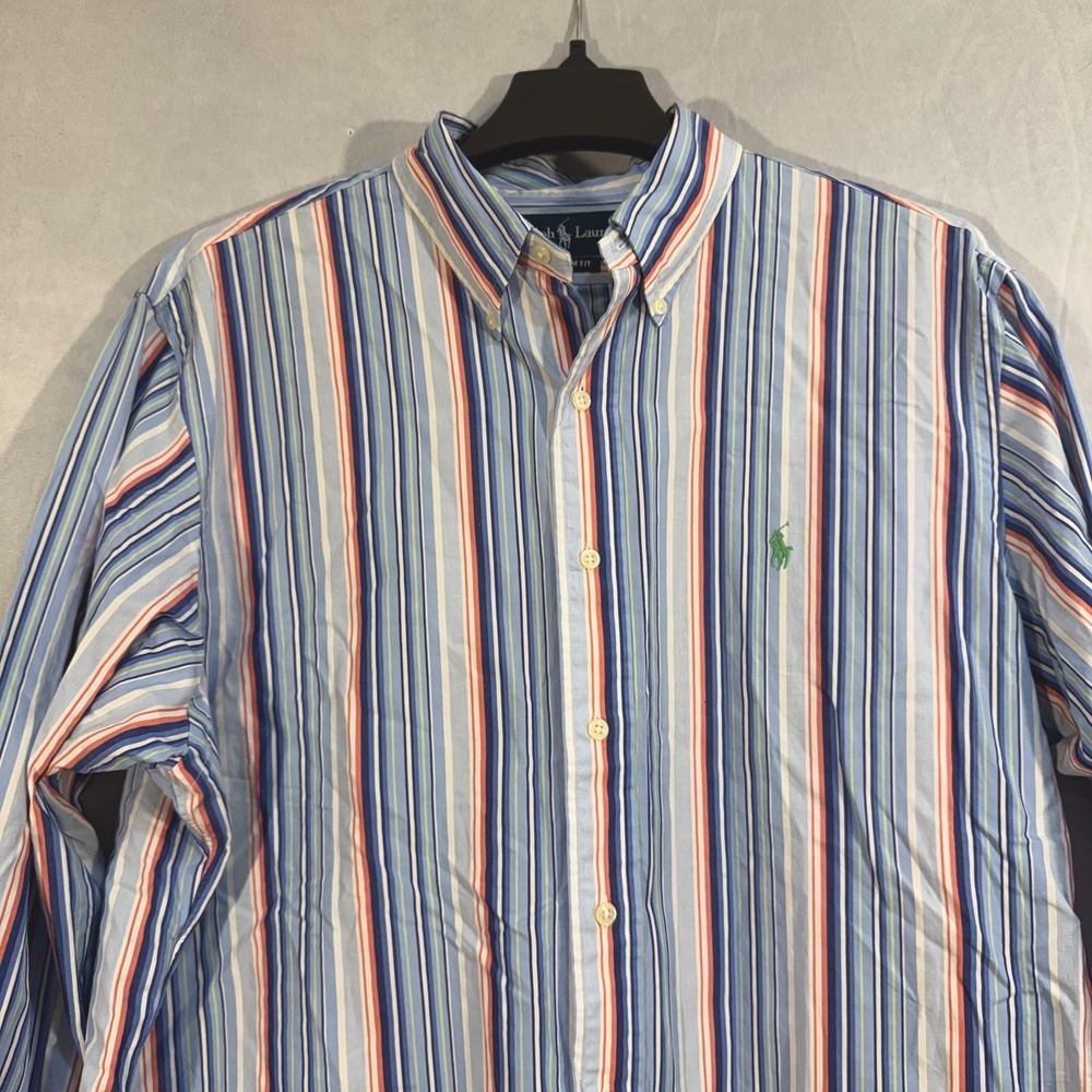 Ralph Lauren Vintage Custom Fit‎ Long Sleeve Button Blue Striped Green Pony XL